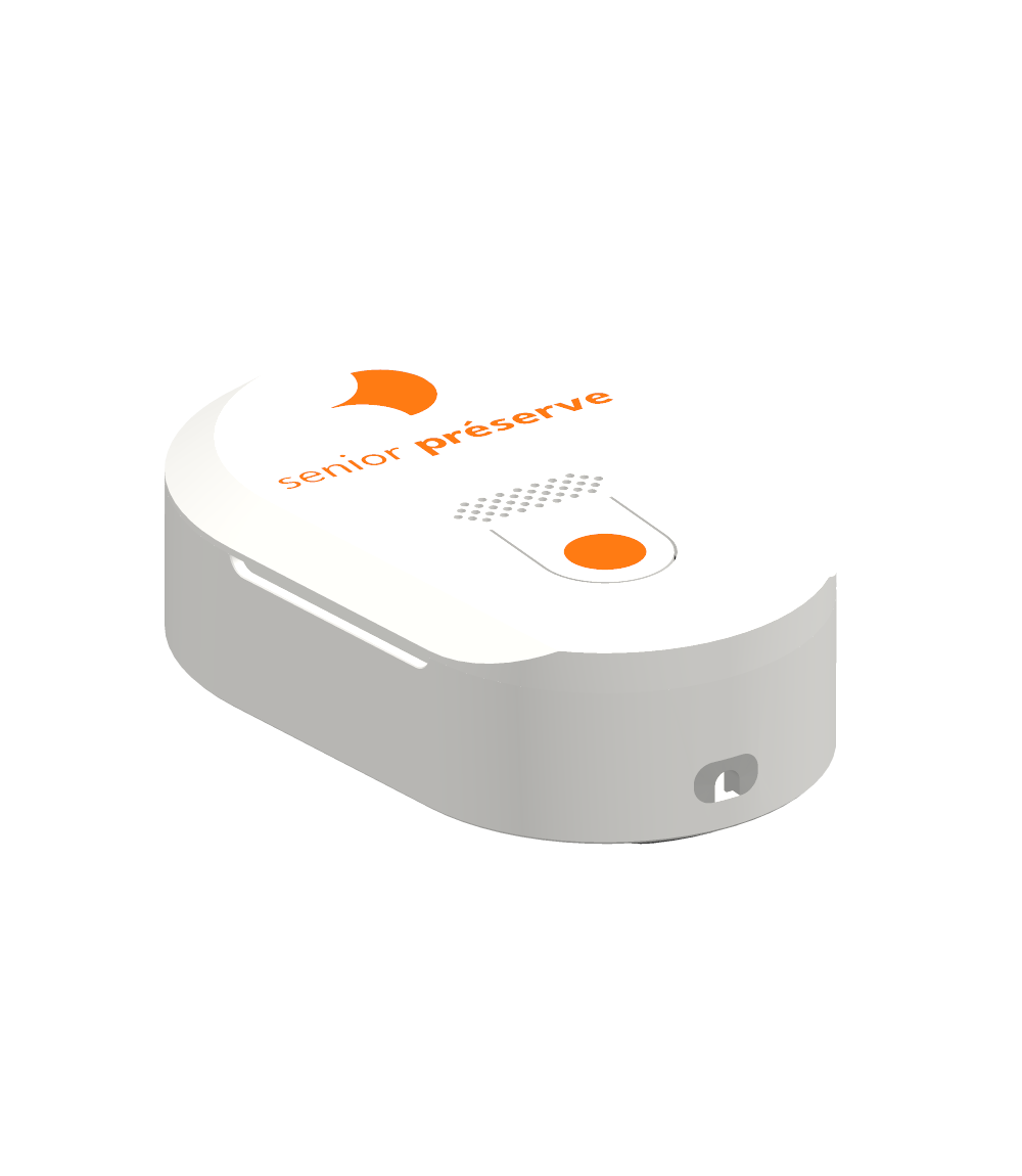 Le boîtier senior préserve : coque blanche arrondie, logo et bouton d'enregistrement orange sur la face supérieure.