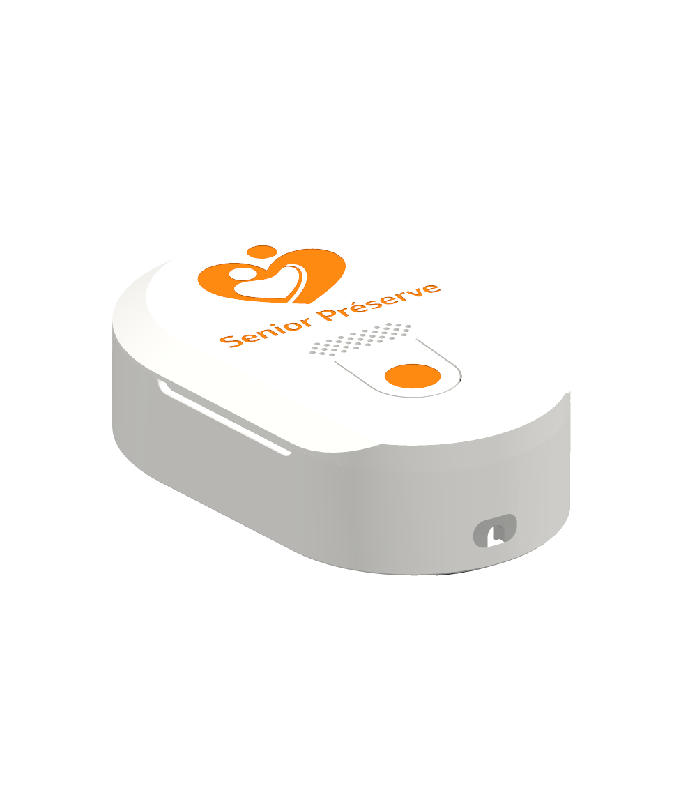 Le boîtier senior préserve : coque blanche arrondie, logo et bouton d'enregistrement orange sur la face supérieure.