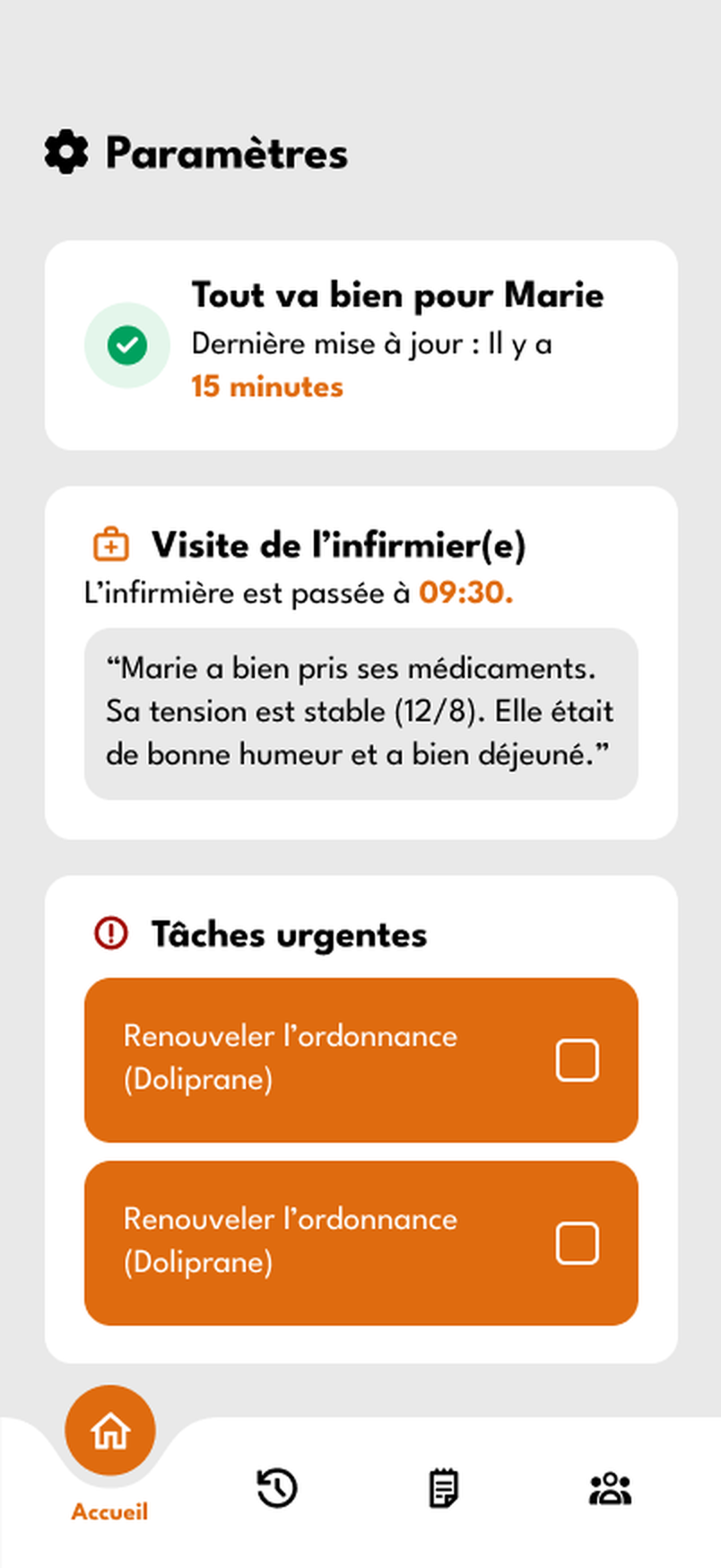Écran d'accueil de l'application senior préserve : état du proche, dernière visite et tâches urgentes