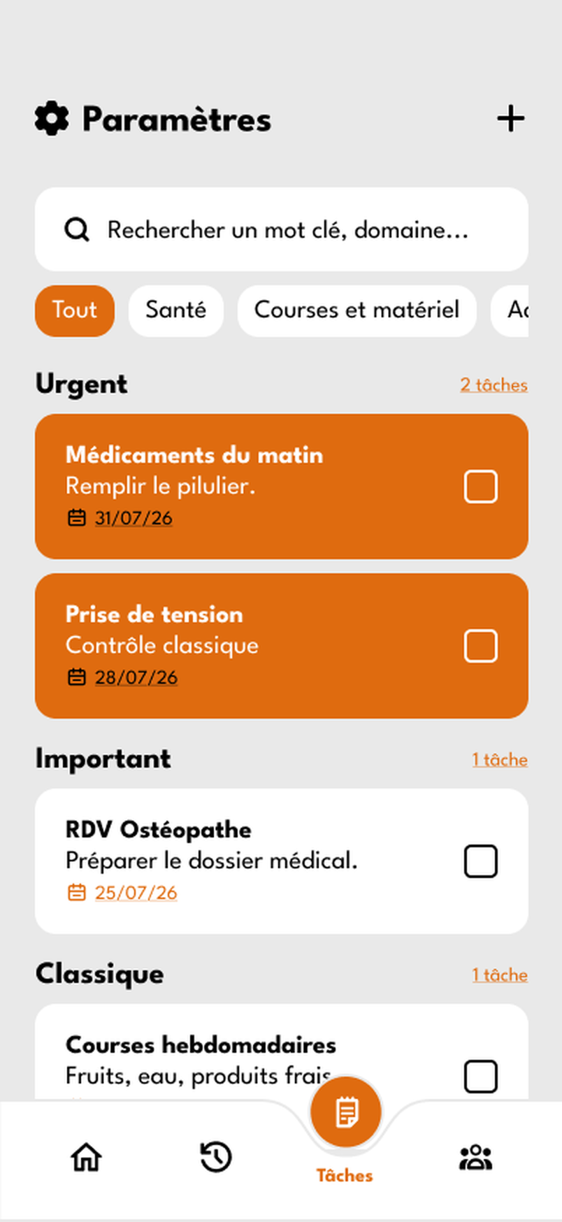 Tâches — To-do list classée par niveau d'importance